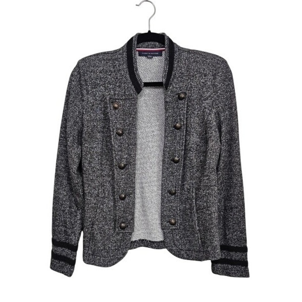 Tommy Hilfiger Military Jacket Womens M Gray Knit Crest Button Preppy Blazer ~
